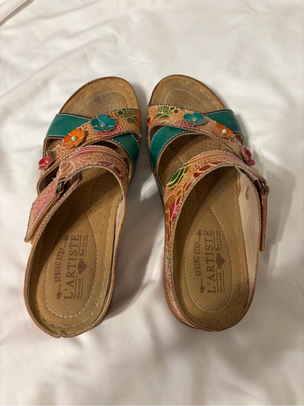 L’Artiste Spring Step Women’s 39 Floral Leather Sandals Teal Multicolor Boho - Picture 5 of 7